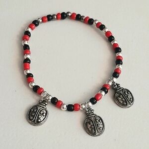 Red & Black Beaded Lady Bug Bracelet with Silver Accents